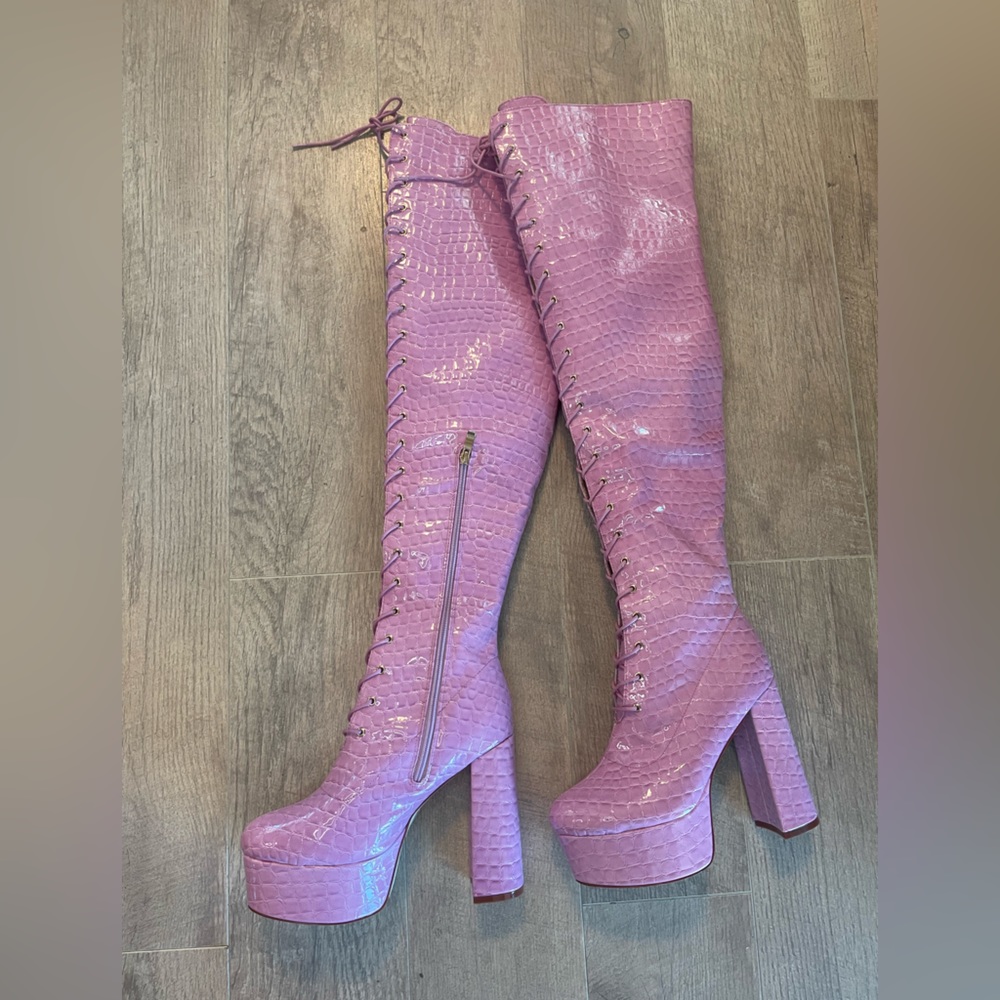 Azalea Wang / Dolls Kill Polly Pink Croc Knee High Heeled Boots. Size 10